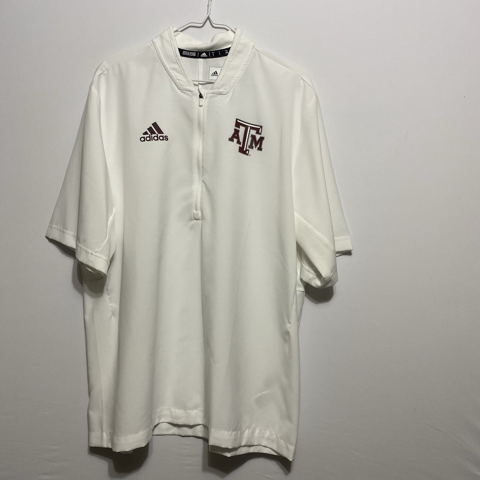 Adidas Mens Sz Large White Semi Sheer Pullover Texas A&M Short Sleeve Side Zip