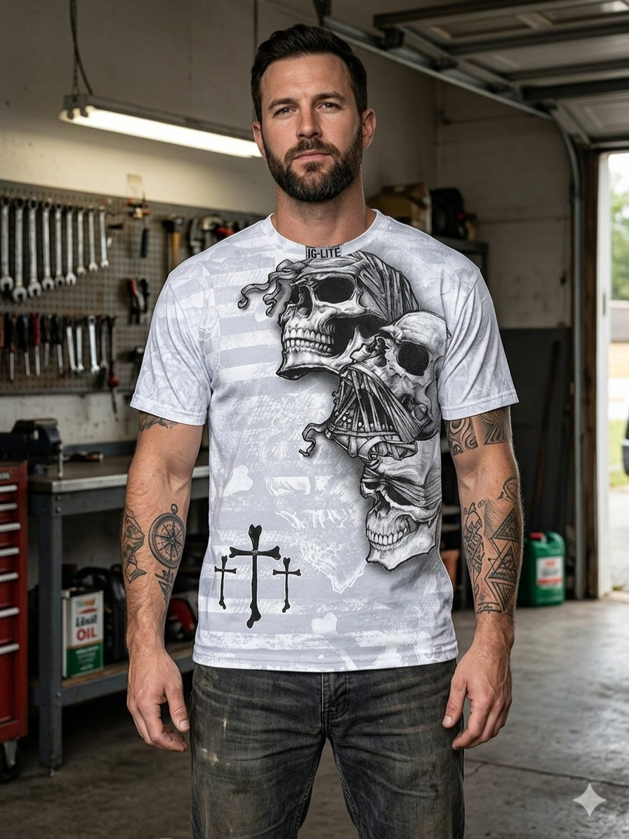 Rare MMA ELITE White Black Skulls Cross Short Sleeve Y2K MENS T-shirt 2XL NWT gallery
