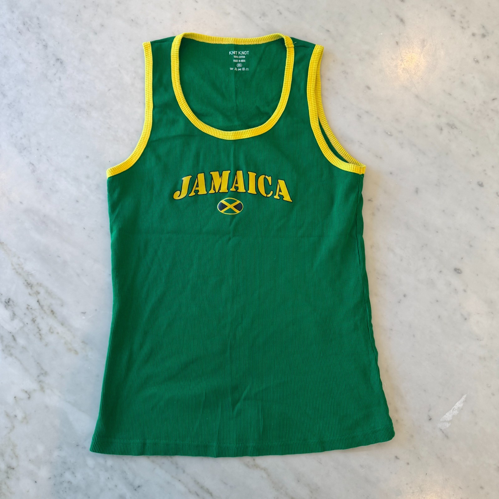 Knit Knot Jamaica Ribbed Tank Top Green Yellow Trim Flag Graphic Size XXL gallery