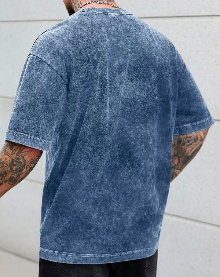 Men’s Acid Wash Blue T-Shirt Oversized Crew Neck Casual Streetwear Tee gallery