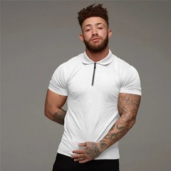 Solid Color Cotton Breathable Short Sleeve Polos Fashion Zip Collar Slim Fit Pol