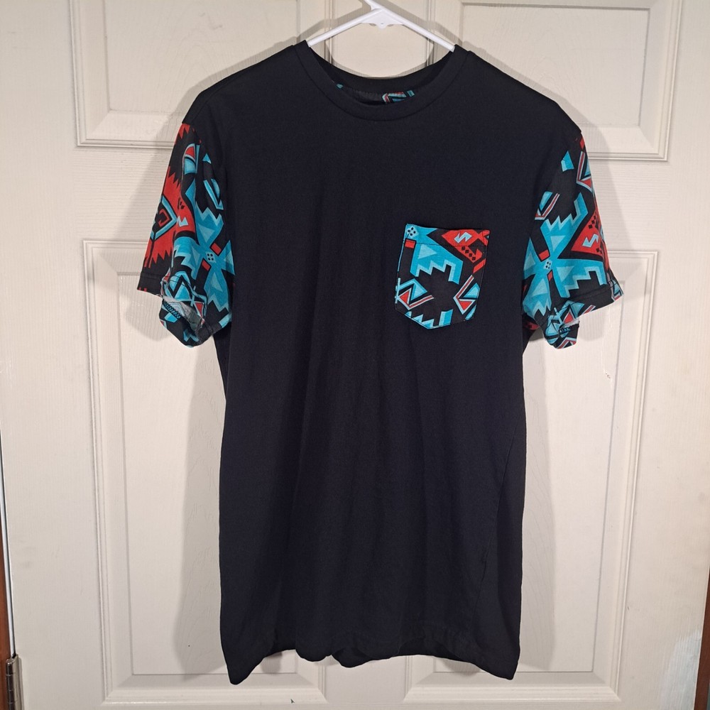 First Draft T-Shirt Mens Size Medium Black Red Blue Aztec Pattern Short Sleeve