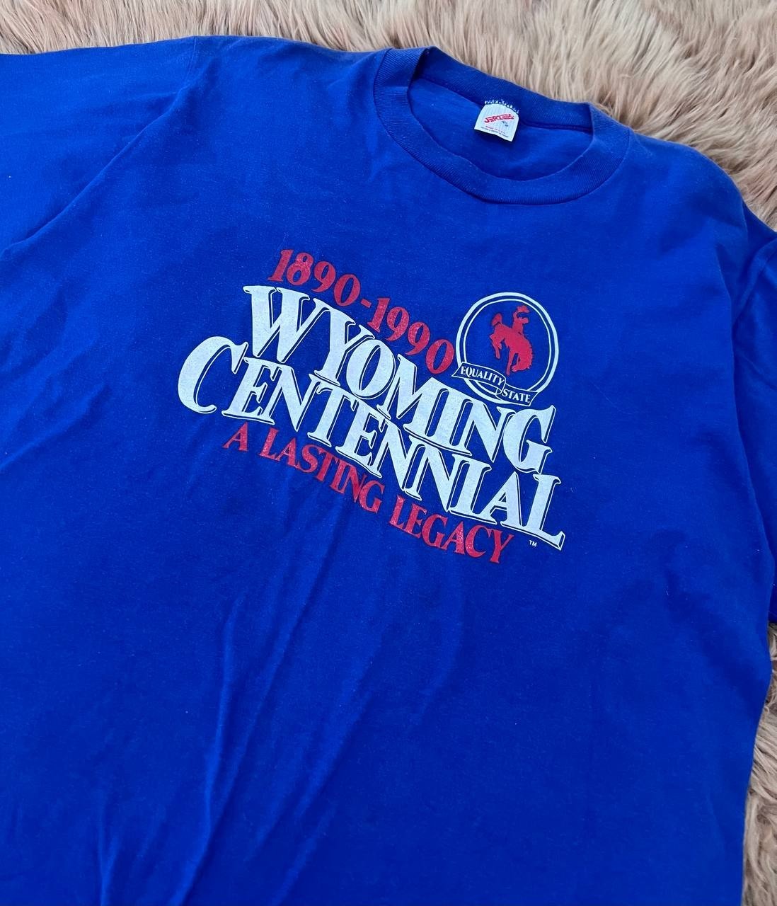 Vintage 1990 Wyoming Centennial T Shirt XL Jerzees Single Stitch USA Tee Blue gallery