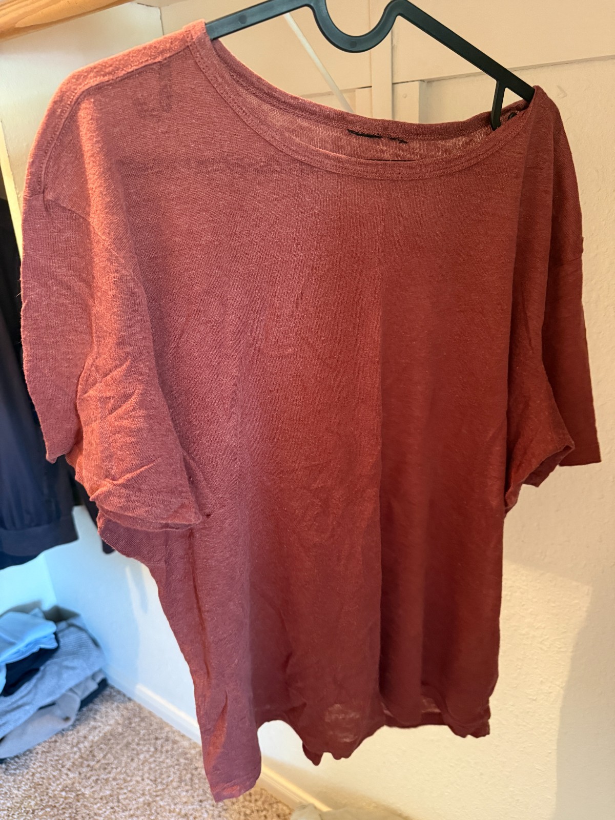H&M Men Size M T-Shirt Burgundy Short Sleeve Crew Neck 100% Linen Basic Casual