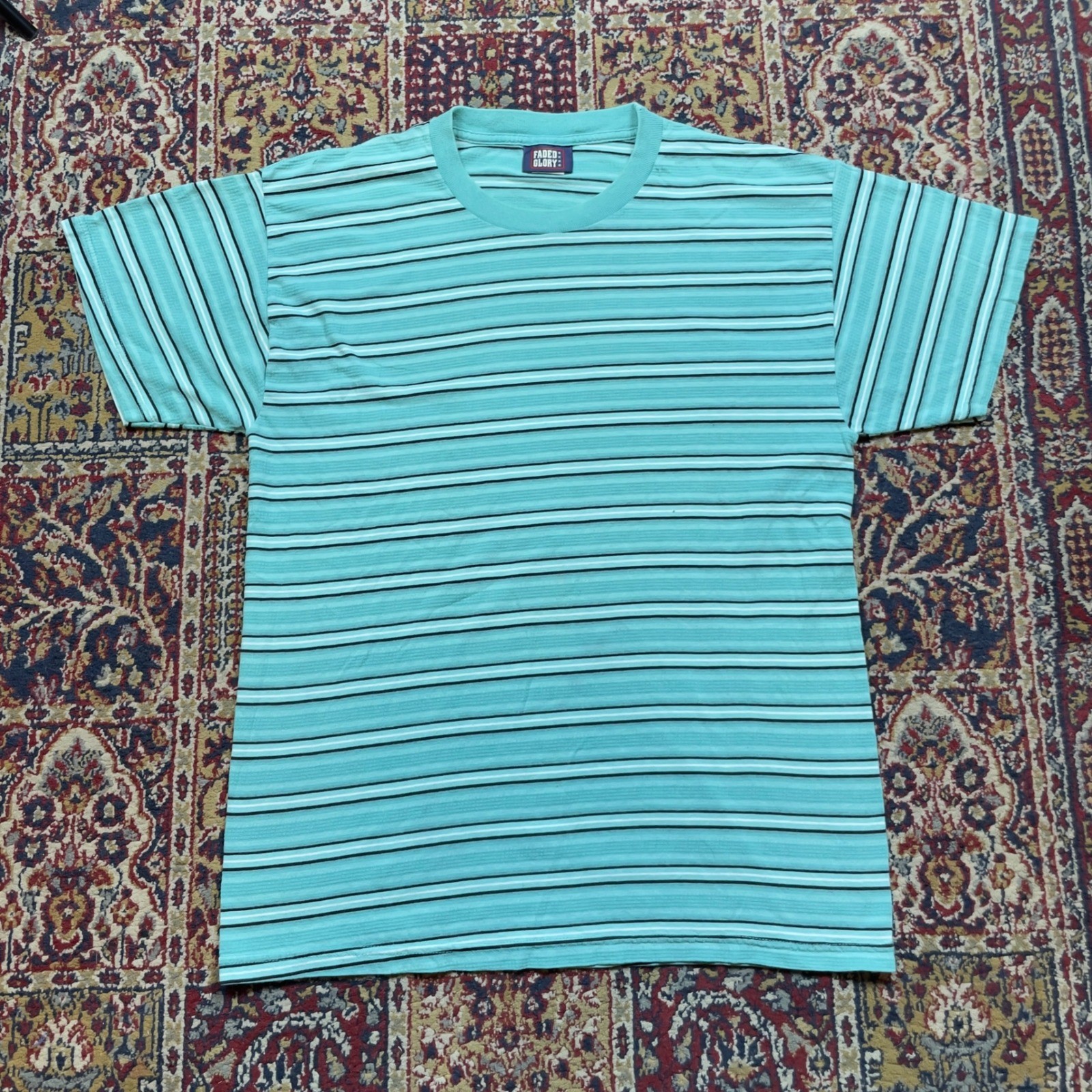 VTG 90s Faded Glory Mens Striped T Shirt Aqua Blue White Ribbed textured L USA gallery