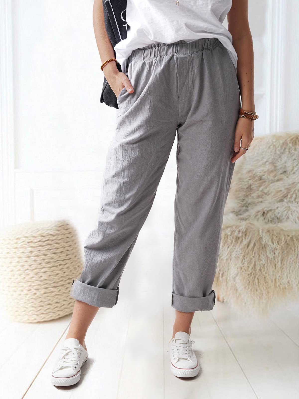 Women's Straight Pants Elastic Waist Casual Trousers Pants with Pockets Dark ... gallery
