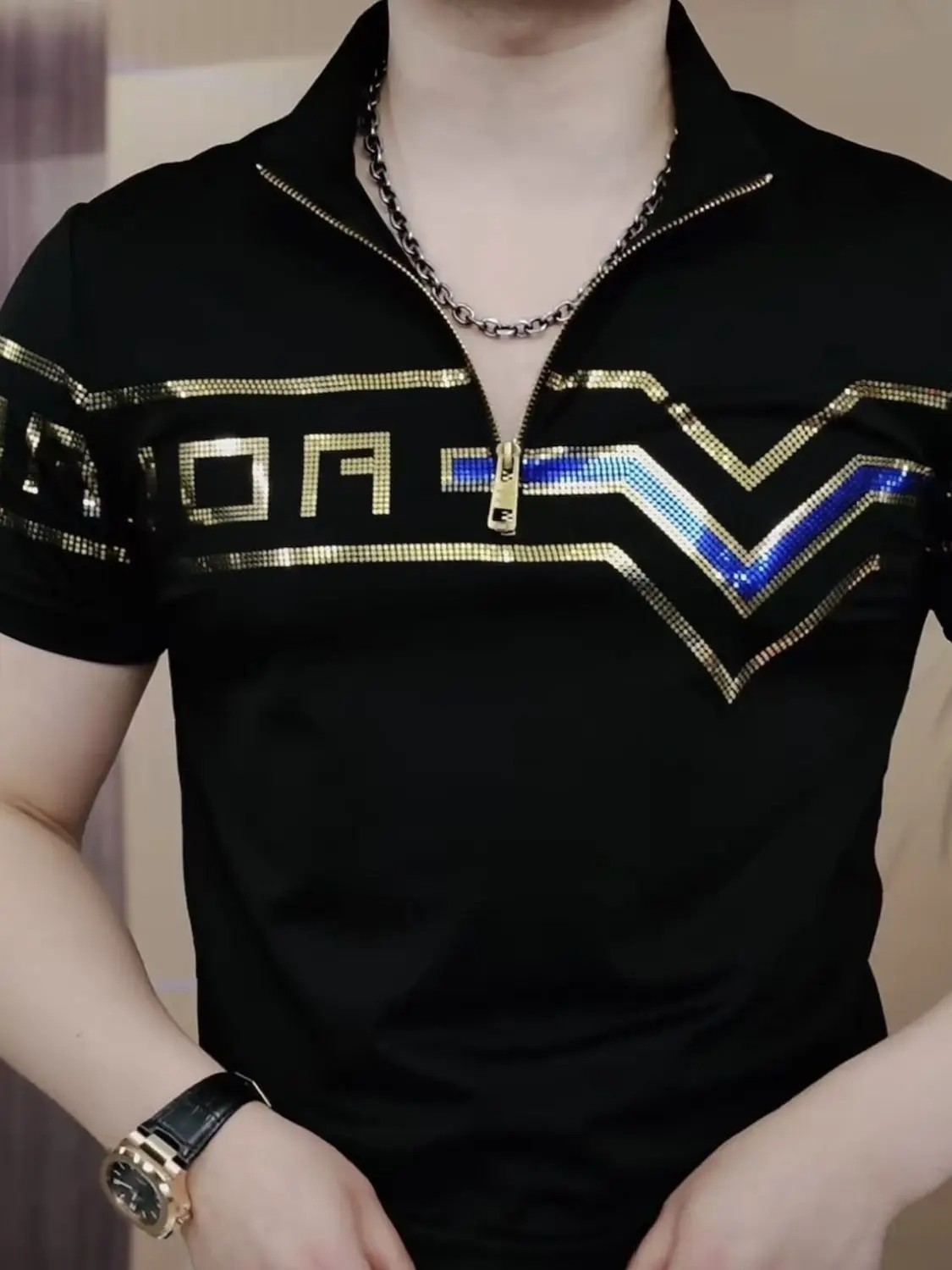 New Men Luxury Diamond Rhinestones Fashion Black Polo T-Shirt High Quality gallery