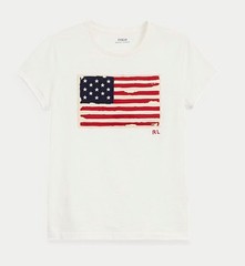 Polo Ralph Lauren White Distressed AMERICAN FLAG Appliqué Short Sleeve T Shirt
