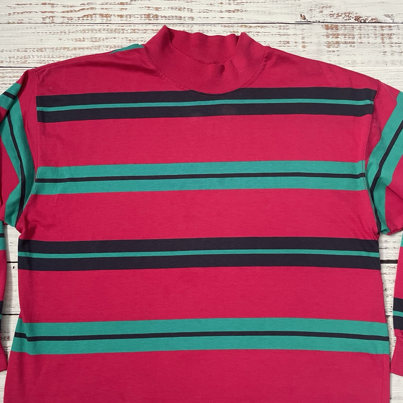 Vintage Class 955 Pink Green Striped Long Sleeve Blank Shirt Adult M Mock Neck gallery