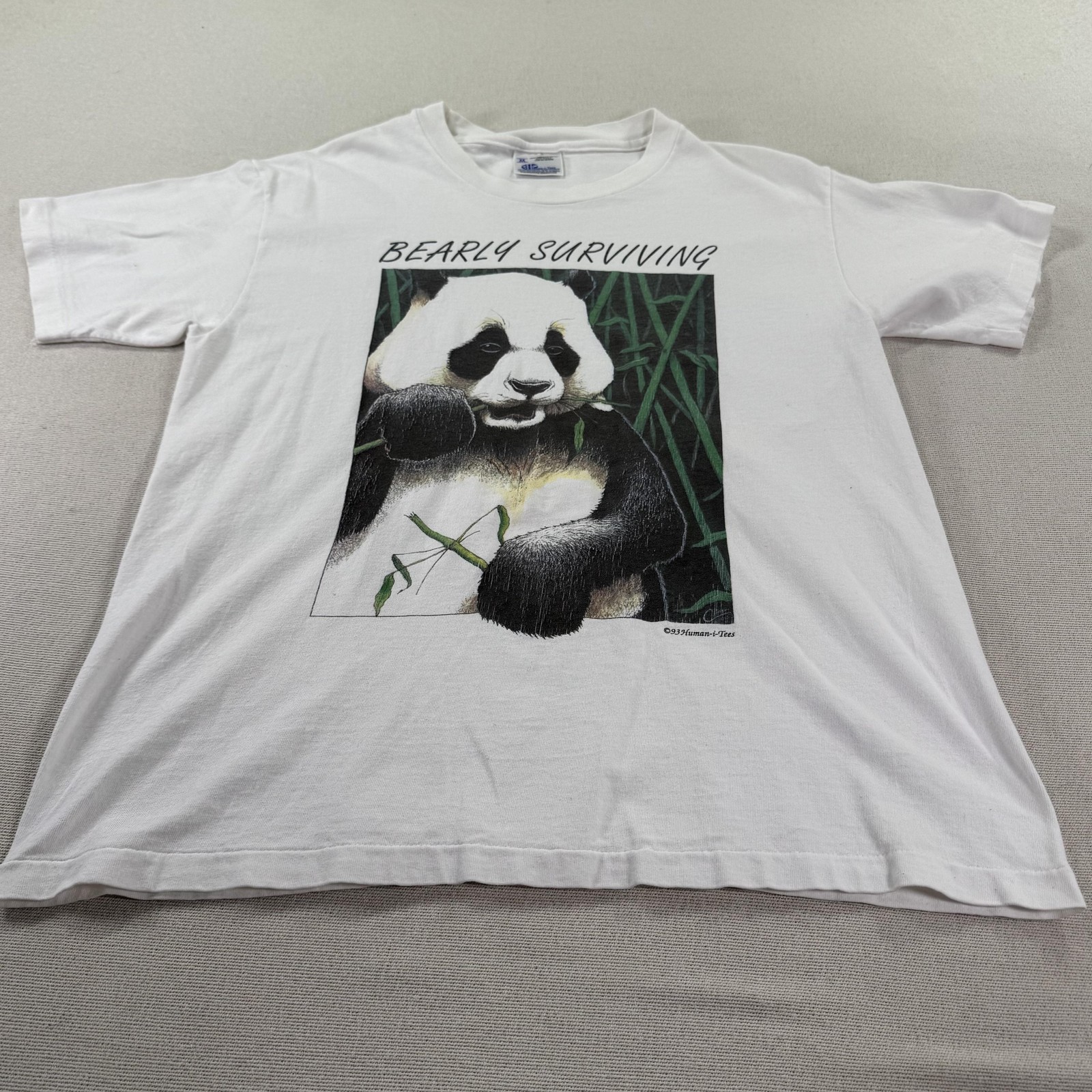 Vintage 1993 Human-i-Tees Shirt Mens M White Bearly Surviving Panda Tee Nature gallery