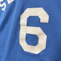 VTG 70s Nylon Mesh Flock Printed V Neck Jersey Mens M Blue Baseball Football