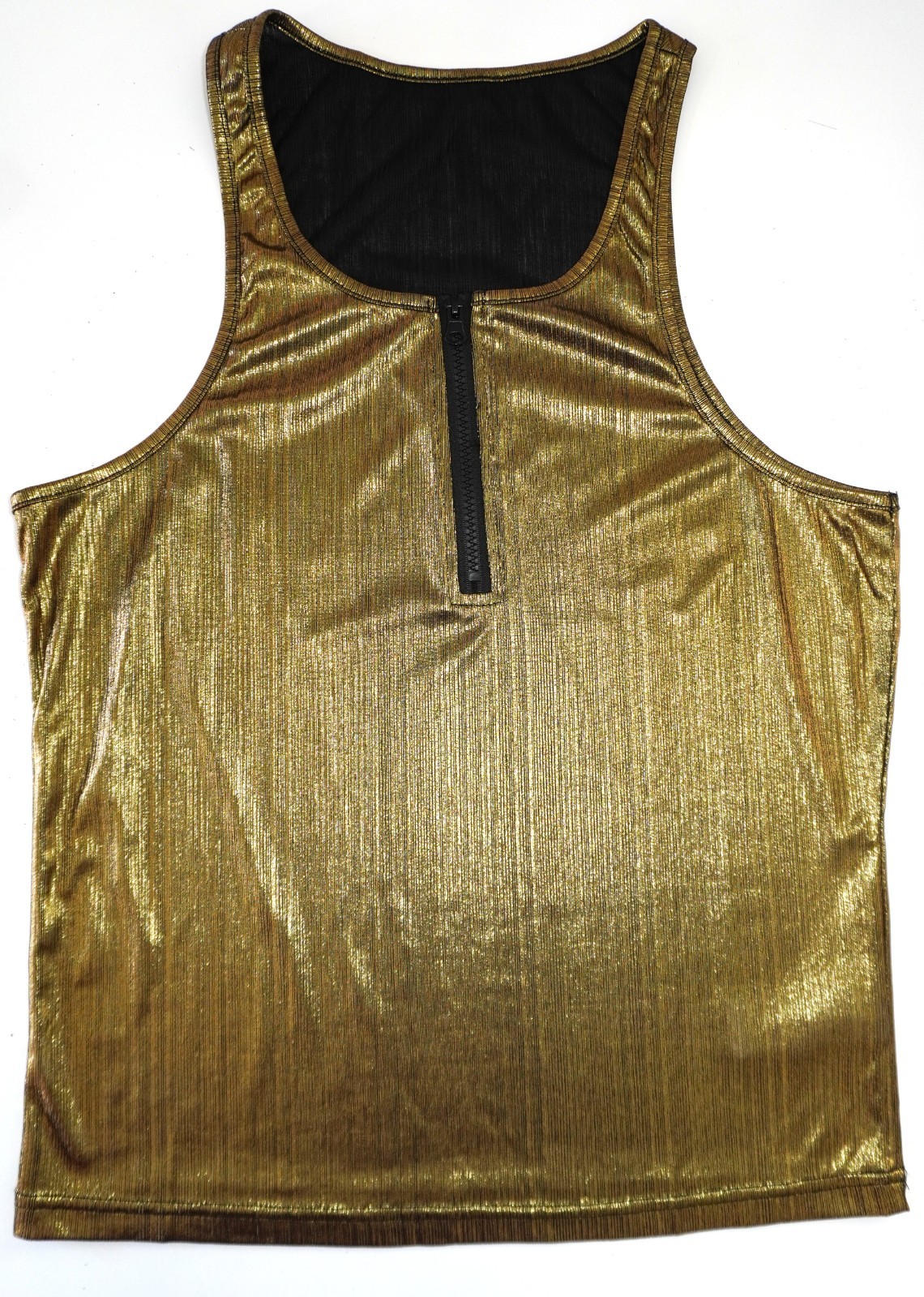 GOLD SHINY ZIP NECK LAME SLEEVELESS SHIRT (SIZE L)