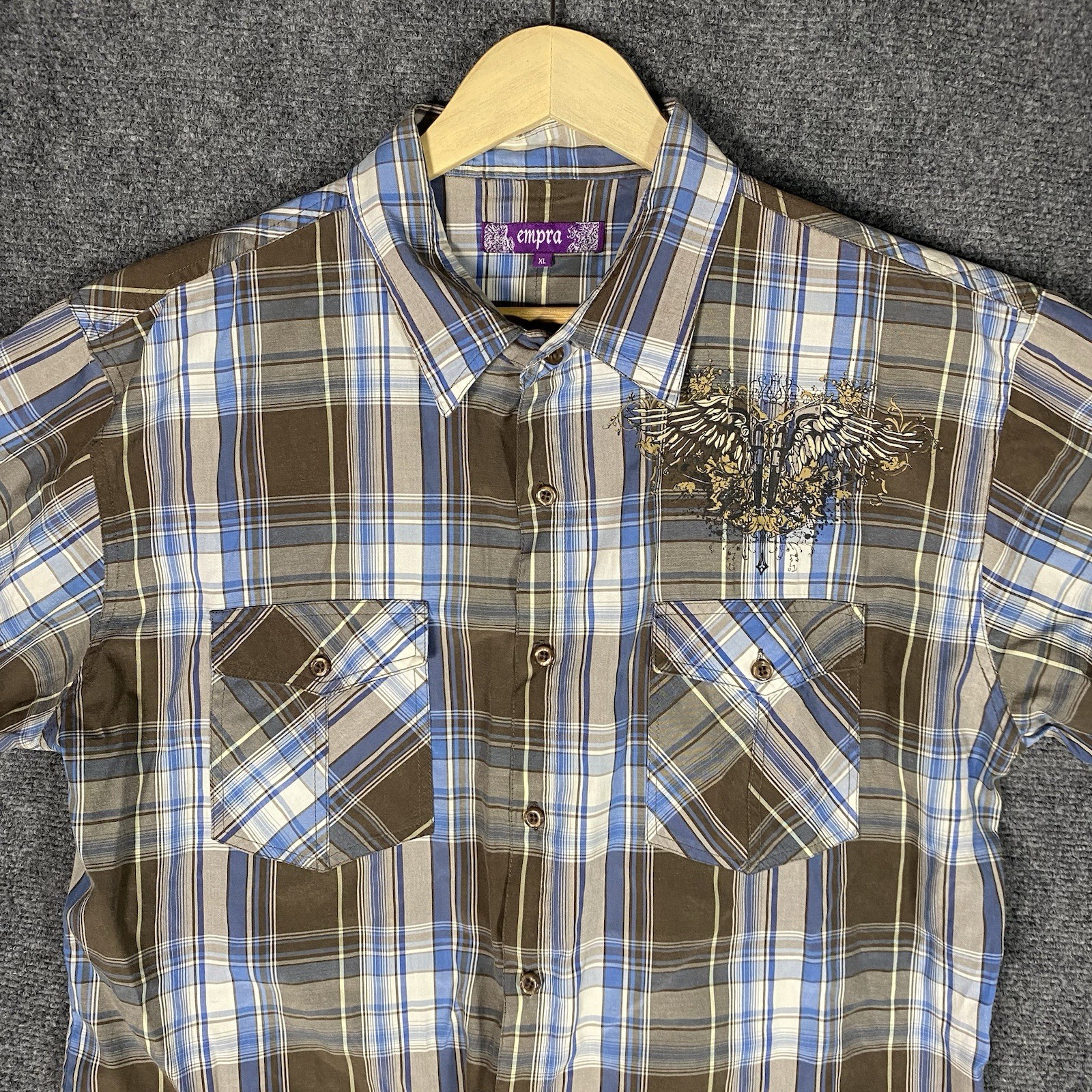 Empra Button Shirt Mens XL Brown Blue Plaid Cotton Y2K Grunge Angel Wings Pistol gallery