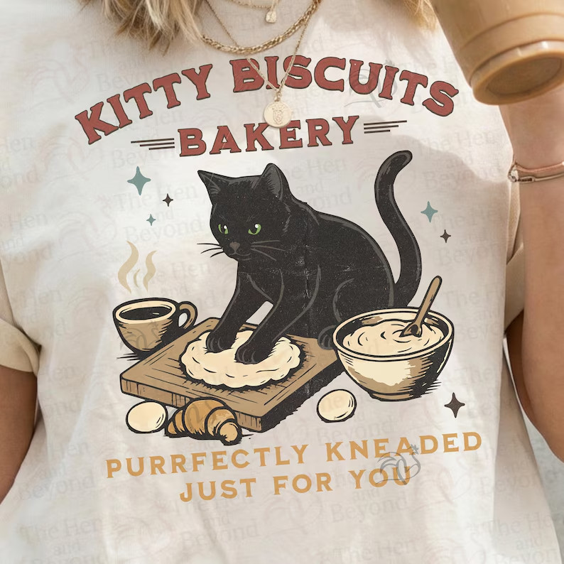 Black Cat Bakery Shirt, Cozy Coffee Cat Tee, Daily Kneads With Warm Brews