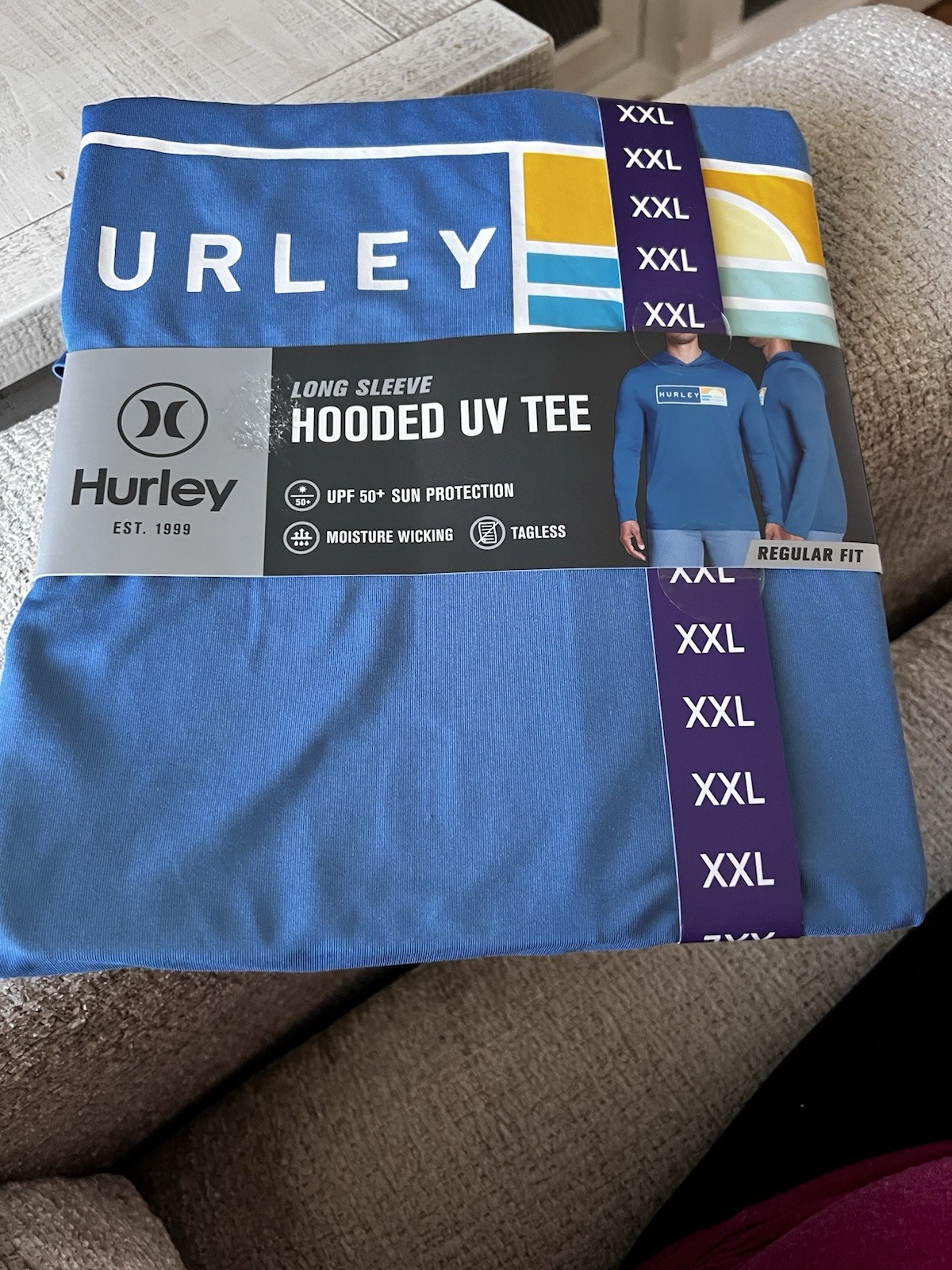 Hurley Men’s Hooded Long Sleeve UV Tee Shirt, Moisture Wicking Tagless Blue XXL