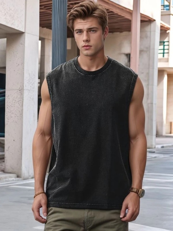 Men’s Summer Washed Cotton Tank Top, Sleeveless Gym & Beach Workout Tee