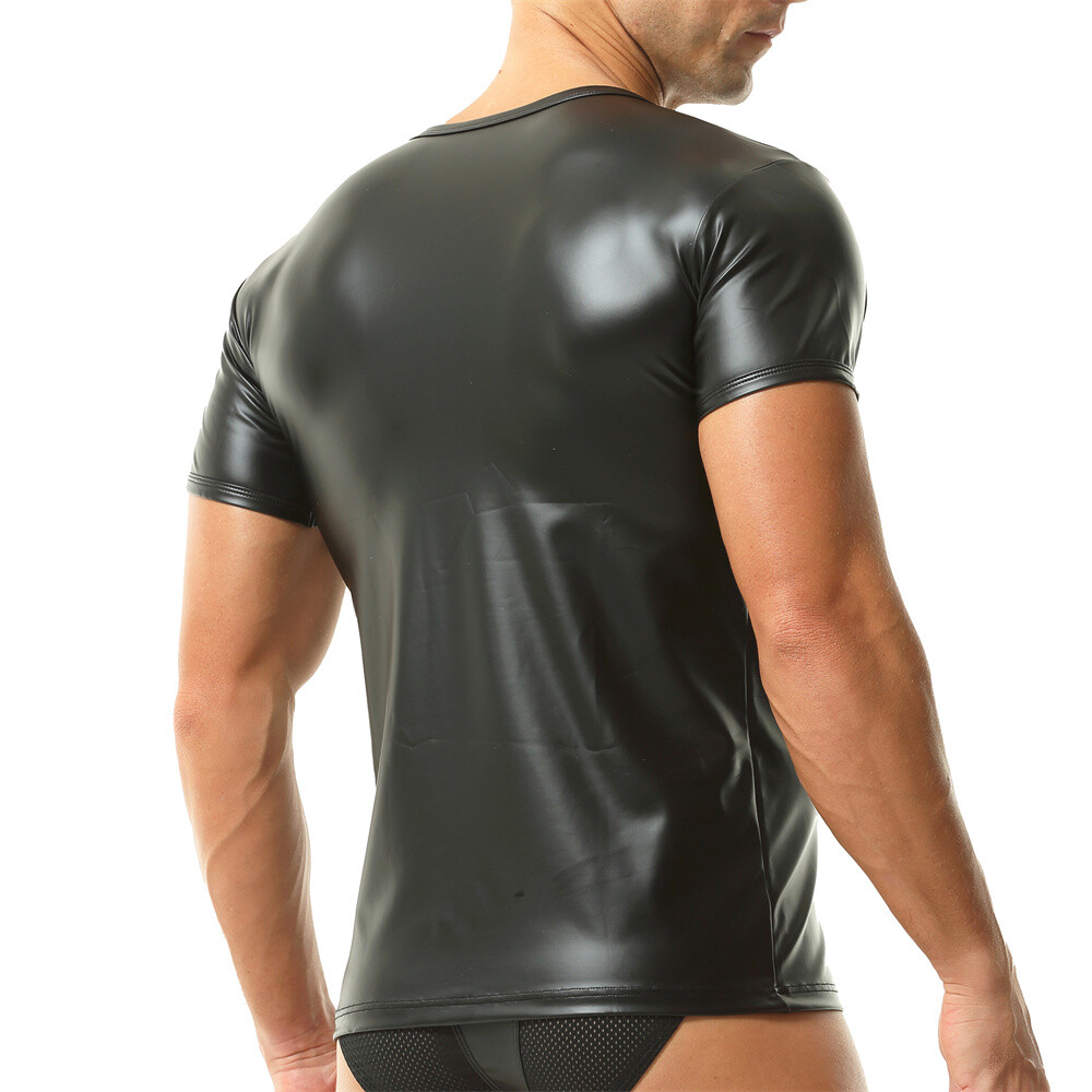 Men's Faux Leather Undershirts T-shirts Wet Look Short Sleeve Tops Clubwear Tees gallery