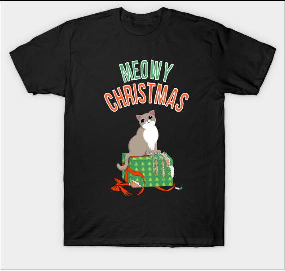 Meowy Christmas Cat Clawed Present T-Shirt Black Men SM L 234XL