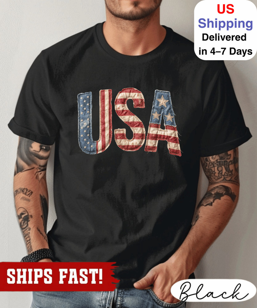 USA Patchwork Printed Shirt, Retro American Flag Tee, Patriotic 4th of July Shir