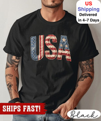 USA Patchwork Printed Shirt, Retro American Flag Tee, Patriotic 4th of July Shir
