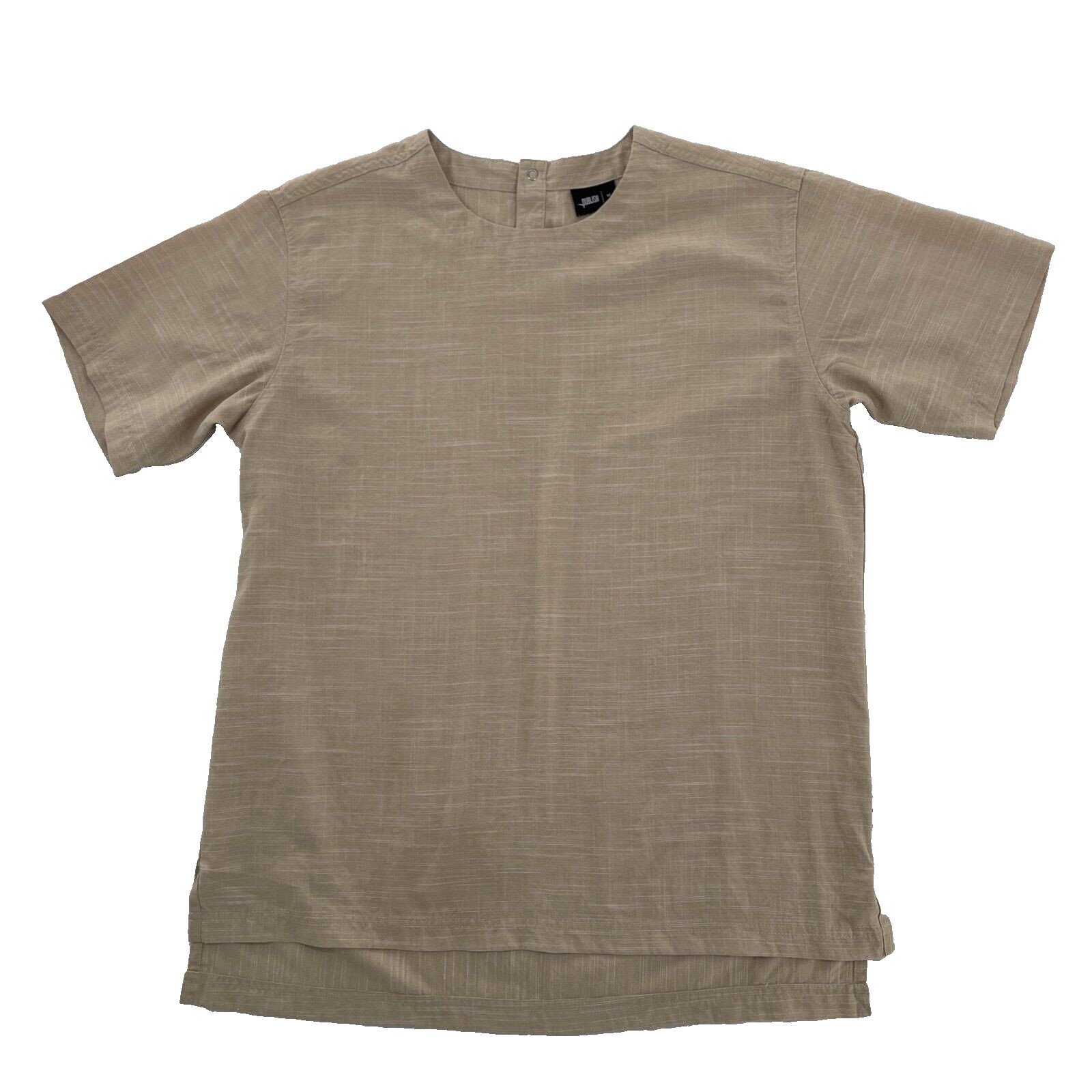 Publish Brand Shirt Mens M Woven Scoop Neck Beige Tan Short Sleeve Snaps Solid