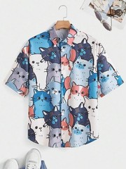 Mens Button Down Shirts Funny Cat Kitten Printed Hawaiian Tops Novelty Ugly Gift