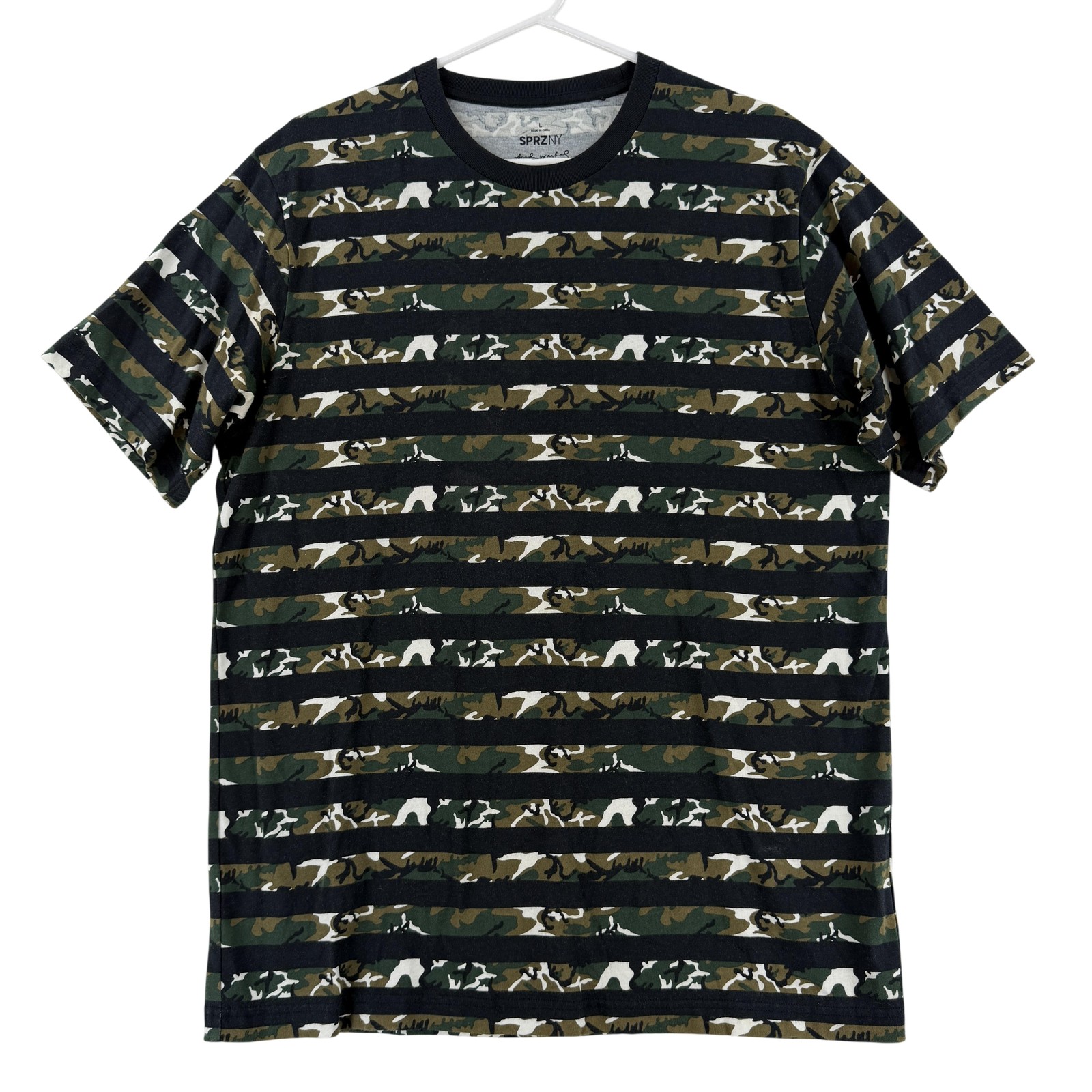 Uniqlo SPRZ NY Shirt Mens Large Green Andy Warhol Camo Stripe Tee T-Shirt gallery