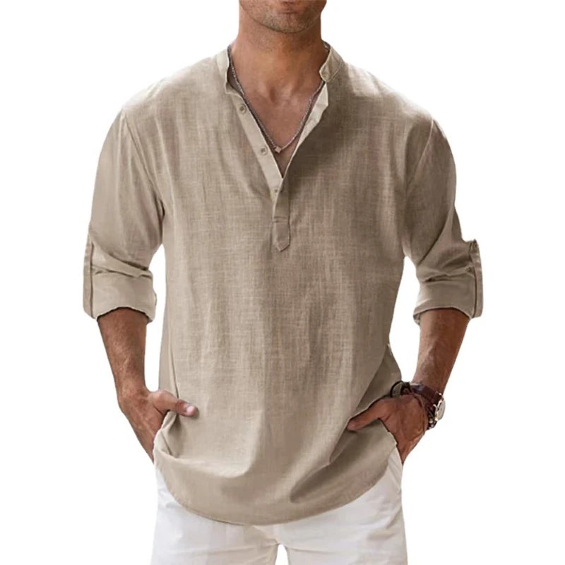 Men's Cotton Linen Henley Long Sleeve Shirt Casual Beach T-shirt Tee Summer Gift gallery