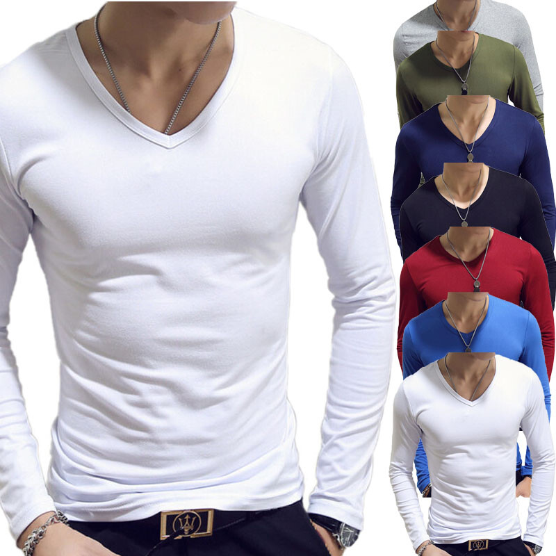 Mens Long Sleeve V-Neck T-shirt Stretch Undershirt Casual Solid Slim Fit Tops gallery