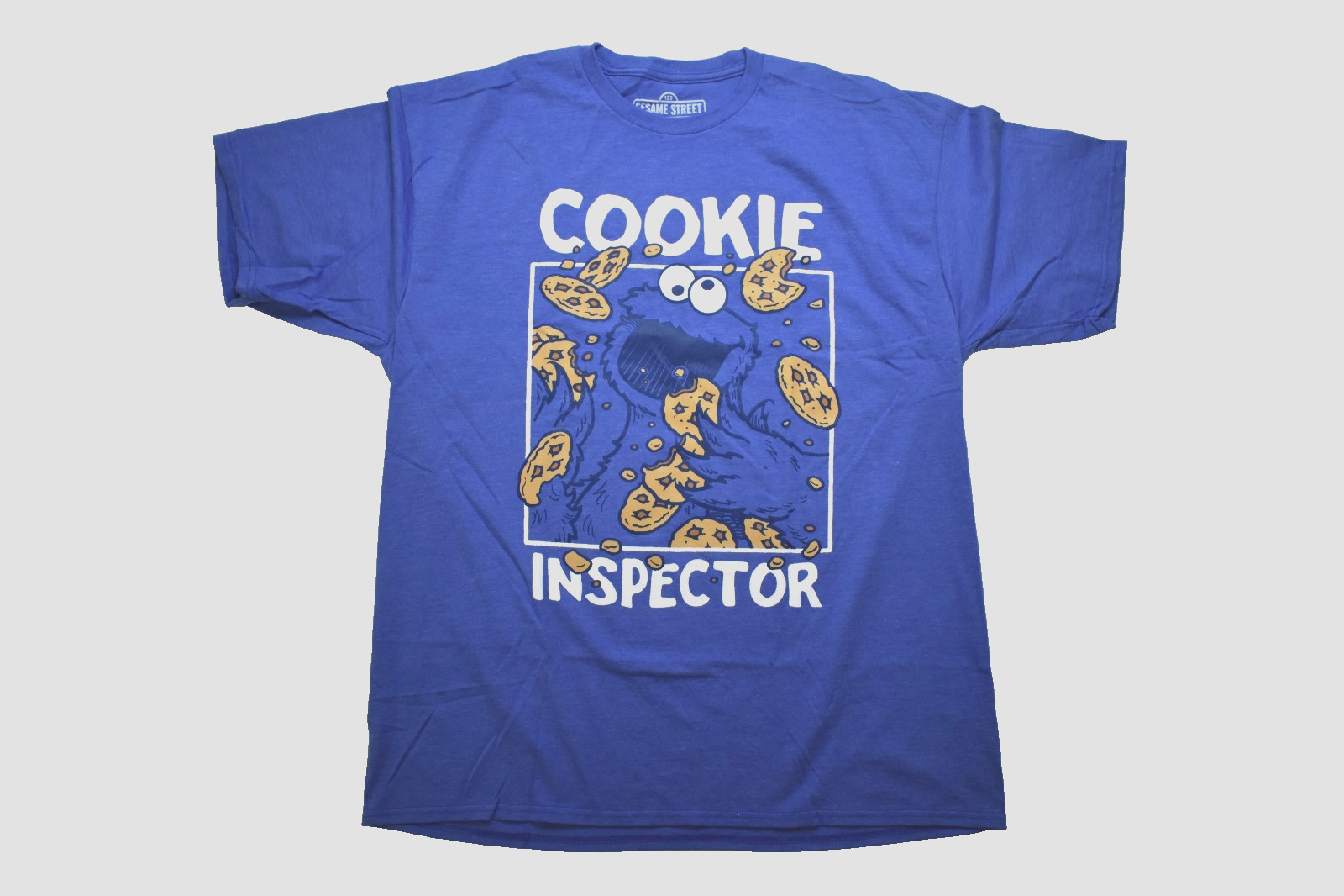 Sesame Street Mens Cookie Monster Cookie Inspector Funny Blue Shirt New Large gallery