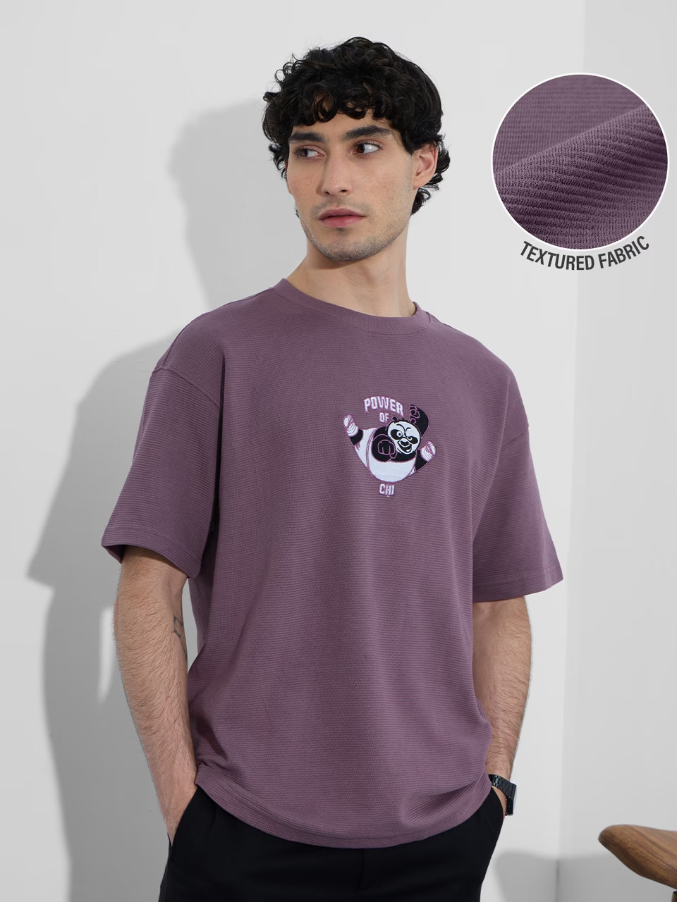 Kung Fu Panda Embroidery Details Oversized T-Shirt Purple – Textured Fabric 2026