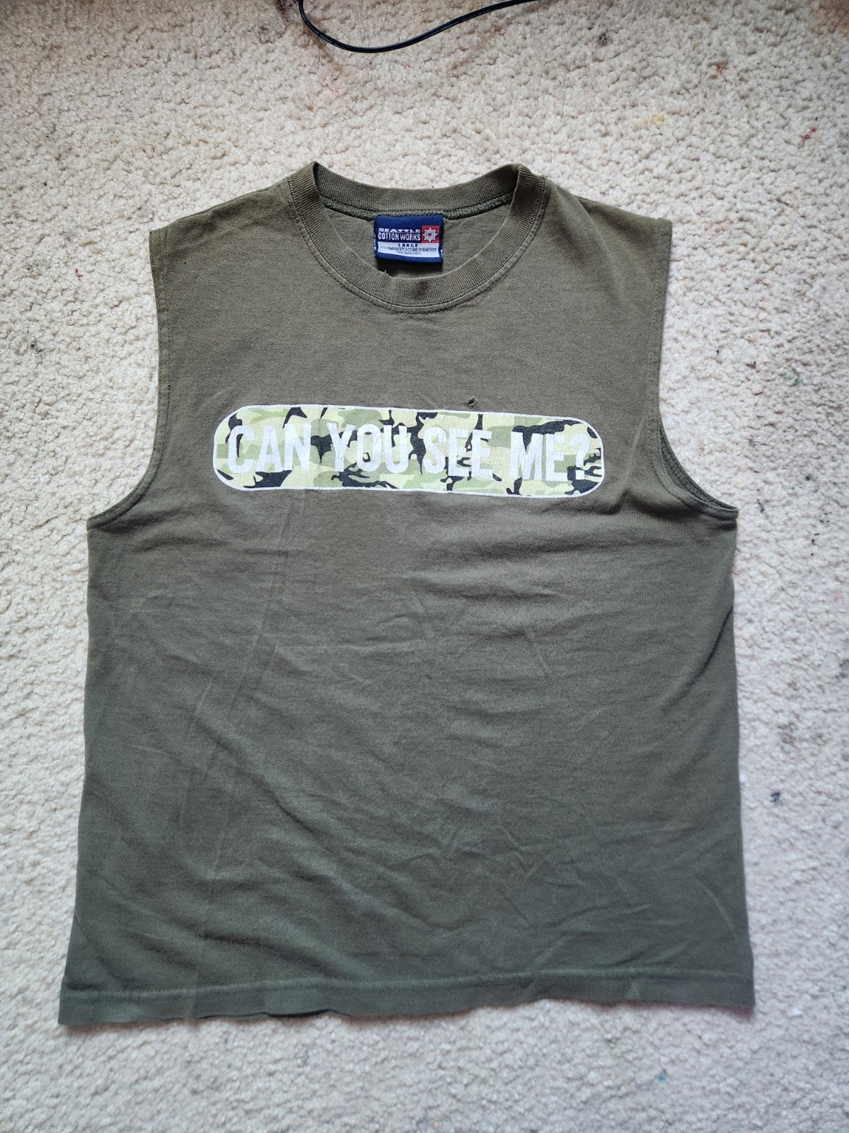 COTTON WORKS Men's L Green Sleeveless Crew Neck Camo Graphic Knit T-Shirt gallery