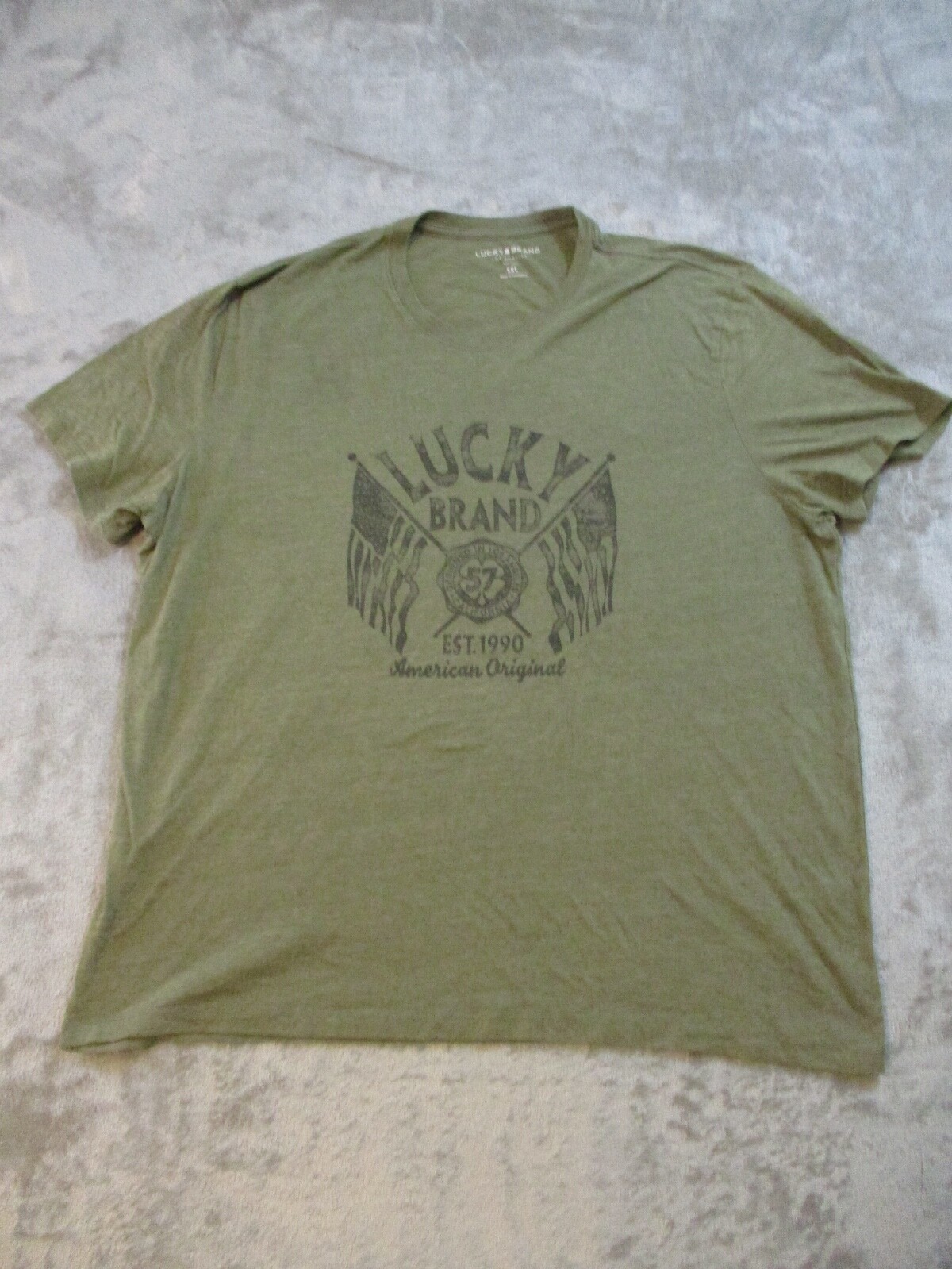 Lucky Brand Shirt Mens XXL Green Black Olive Drab Military USA American Flag gallery
