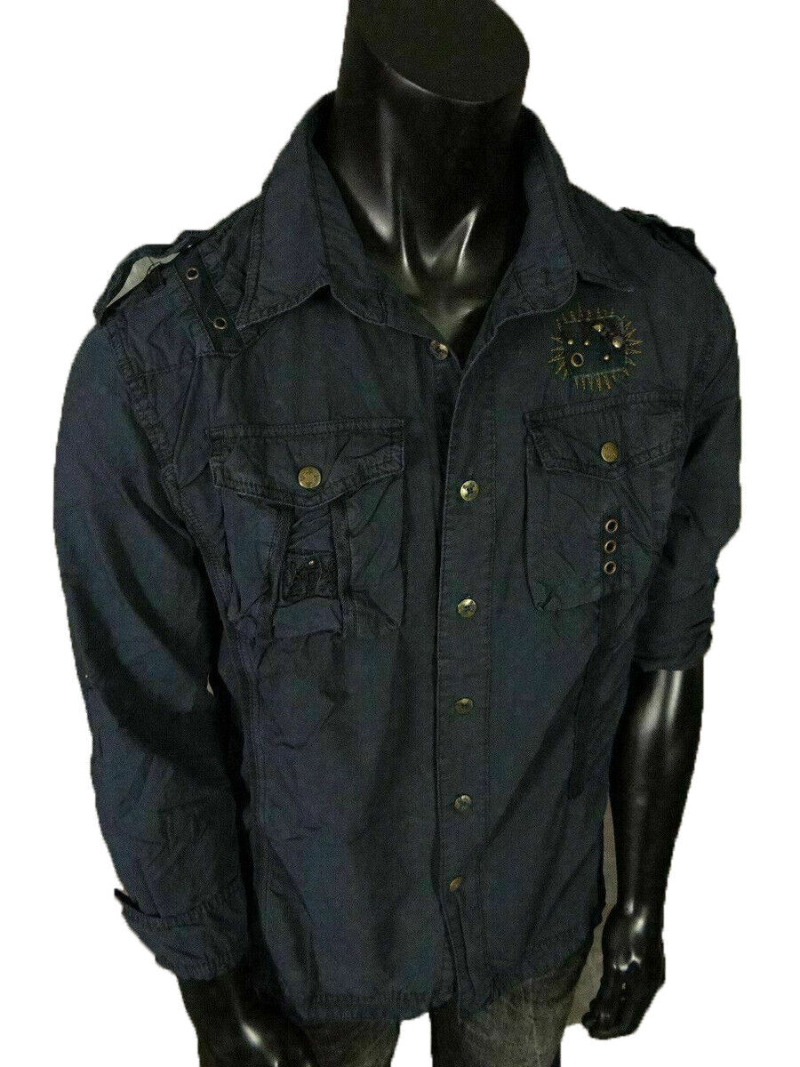 Mens Safari Button Shirt Pleated Pockets Studded Accents with Pin-Up Sleeves gallery