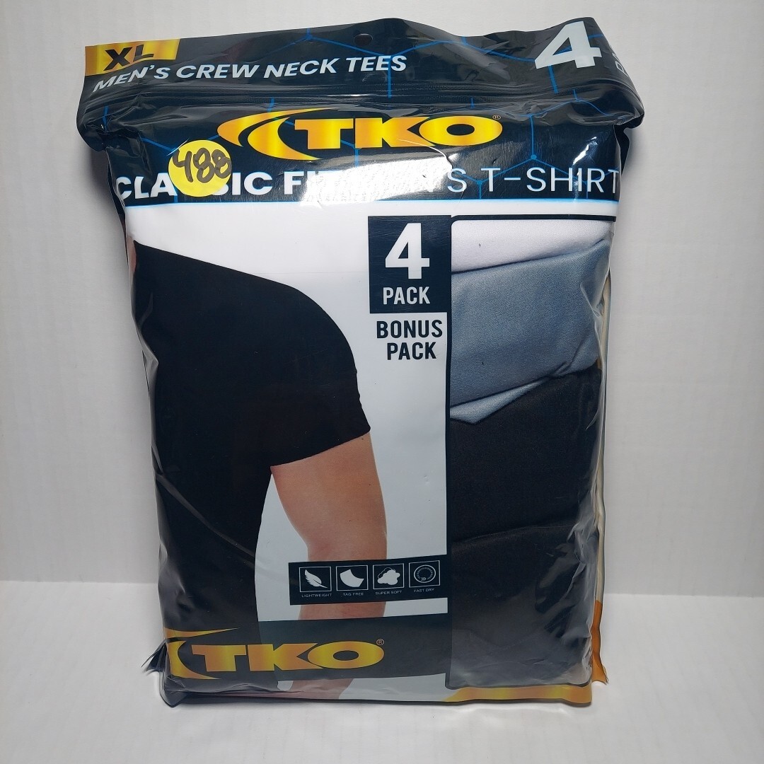 TKO Men’s Size XL – Classic Fit T-Shirt 4-Pack Crew Neck Te = 2 Blk/1 Gry/ 1 Wht