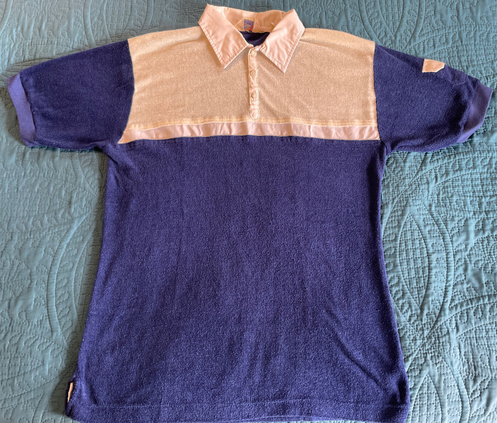 1970’s VAN CORT, Men’s Retro Style Collared Shirt, Terry Cloth, Navy/Ivory, L.