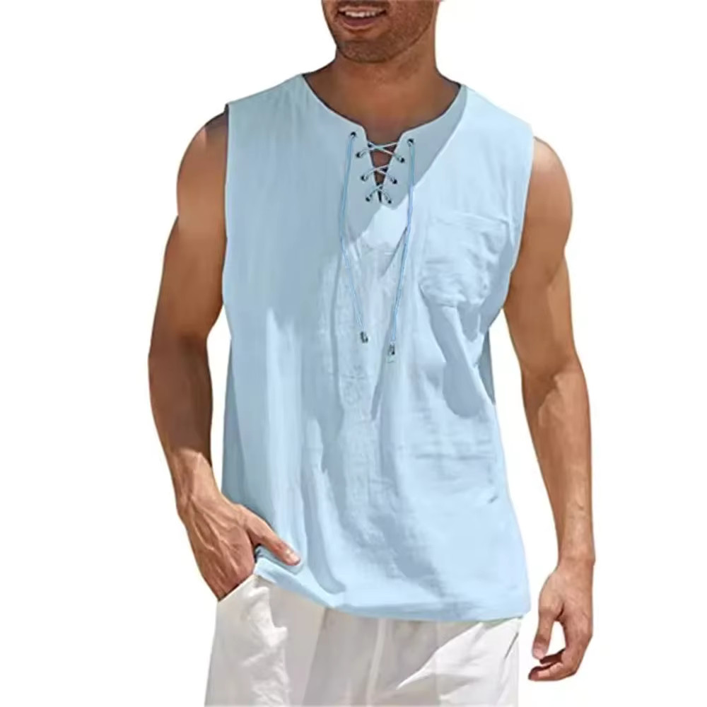 Men’s Cotton Linen Sleeveless Tank Top Retro Lace Up V Neck Summer Shirt gallery