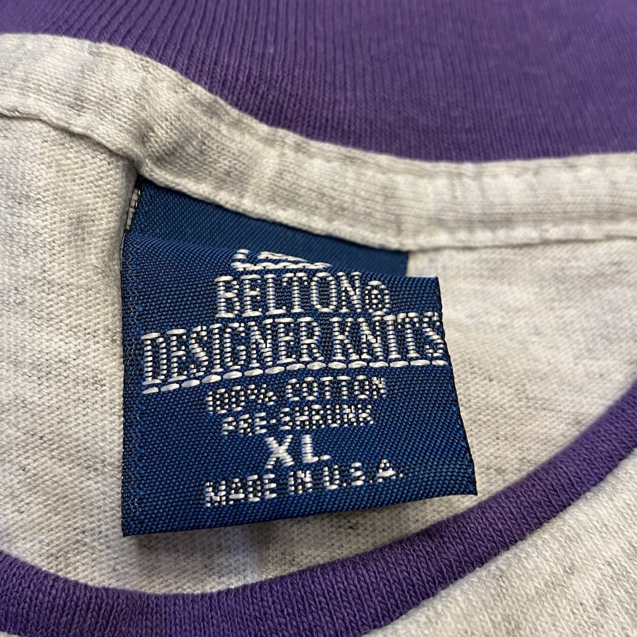 VTG Belton Designer Knits Gray Purple Contrast Sleeves Mens XL Single Stitch USA gallery
