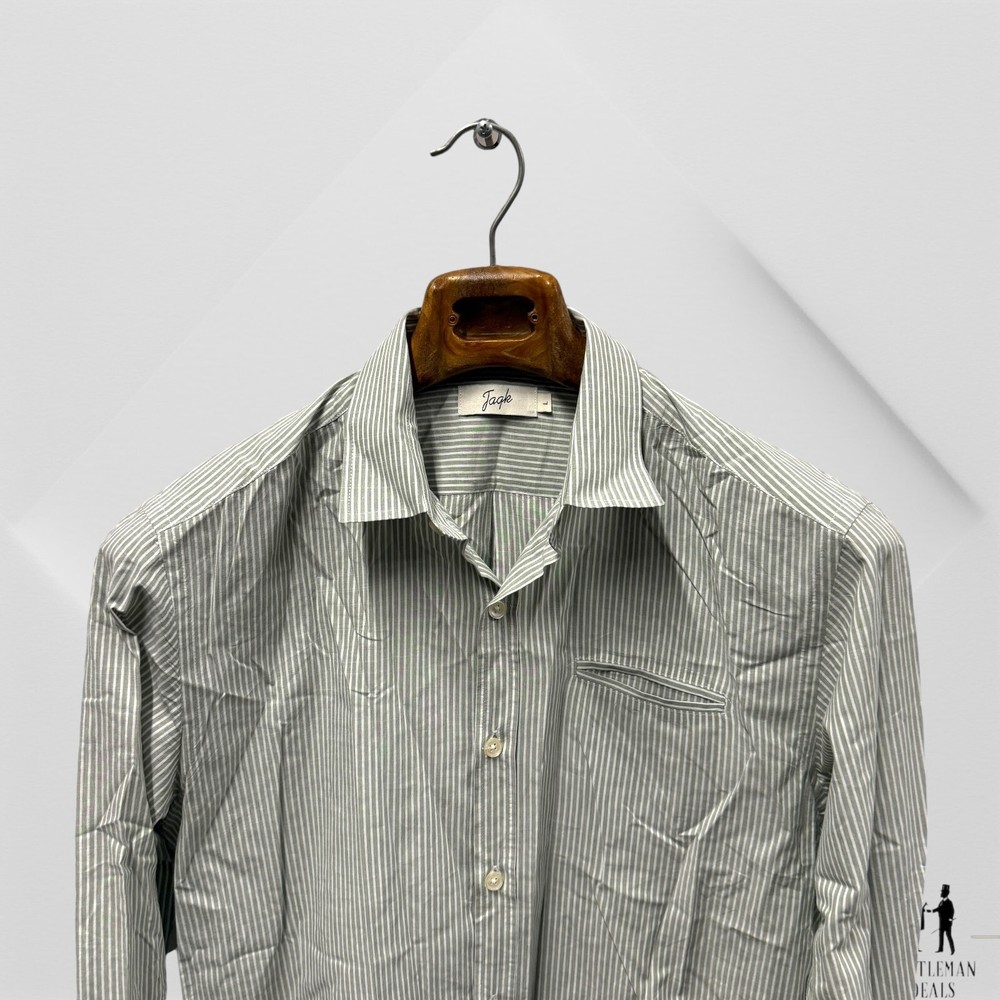 Jaqk Mens Button Down Shirt 100% Organic Cotton Striped Green Shirt L