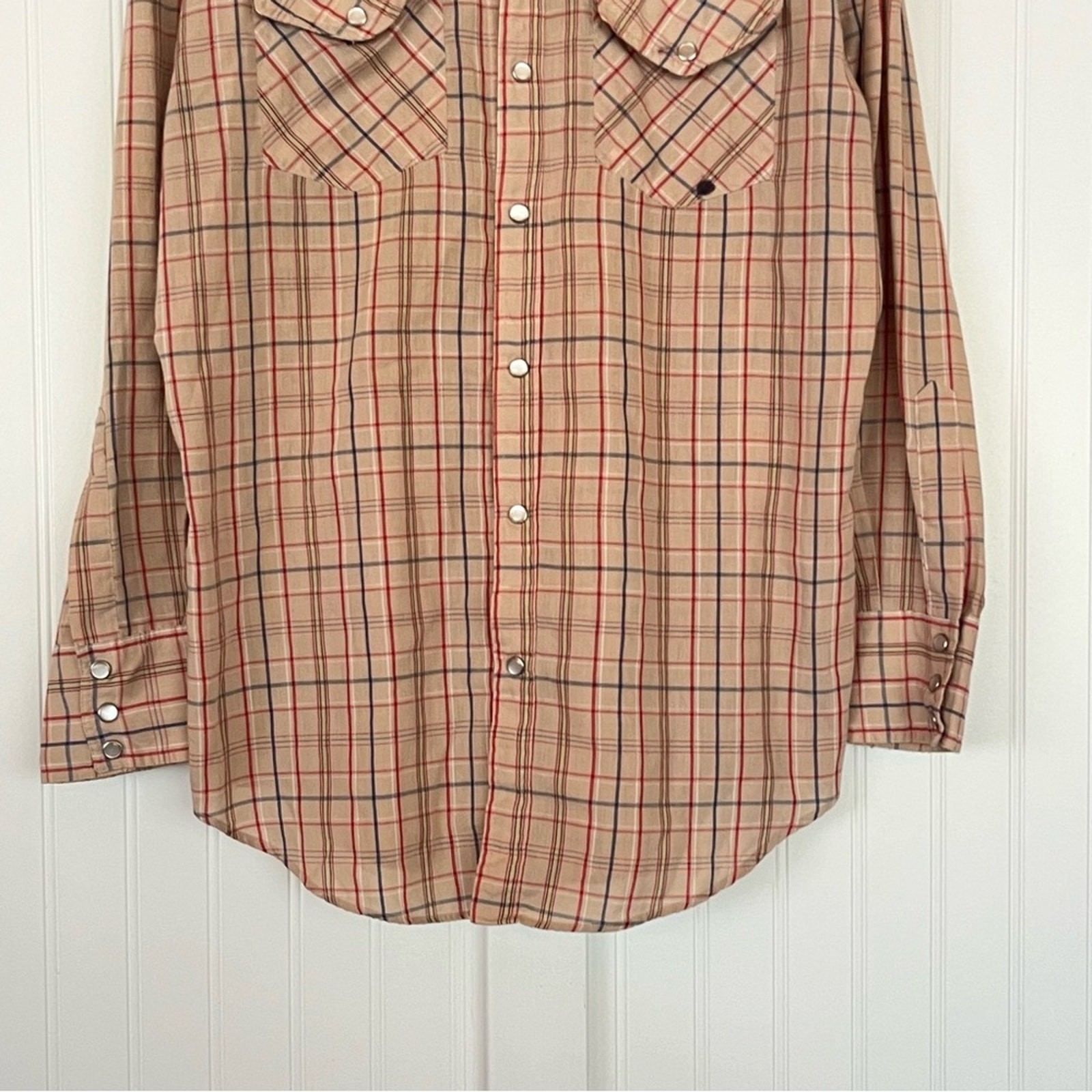 Vintage Men's Western Shirt Neutral Plaid Pearl Snaps Button Down Medium Rodeo gallery