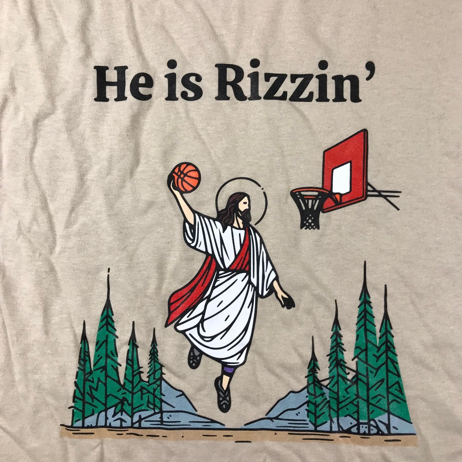 He Is Rizzin Shirt Adult Small Beige Short Sleeves Jesus Christian Humor Tee gallery