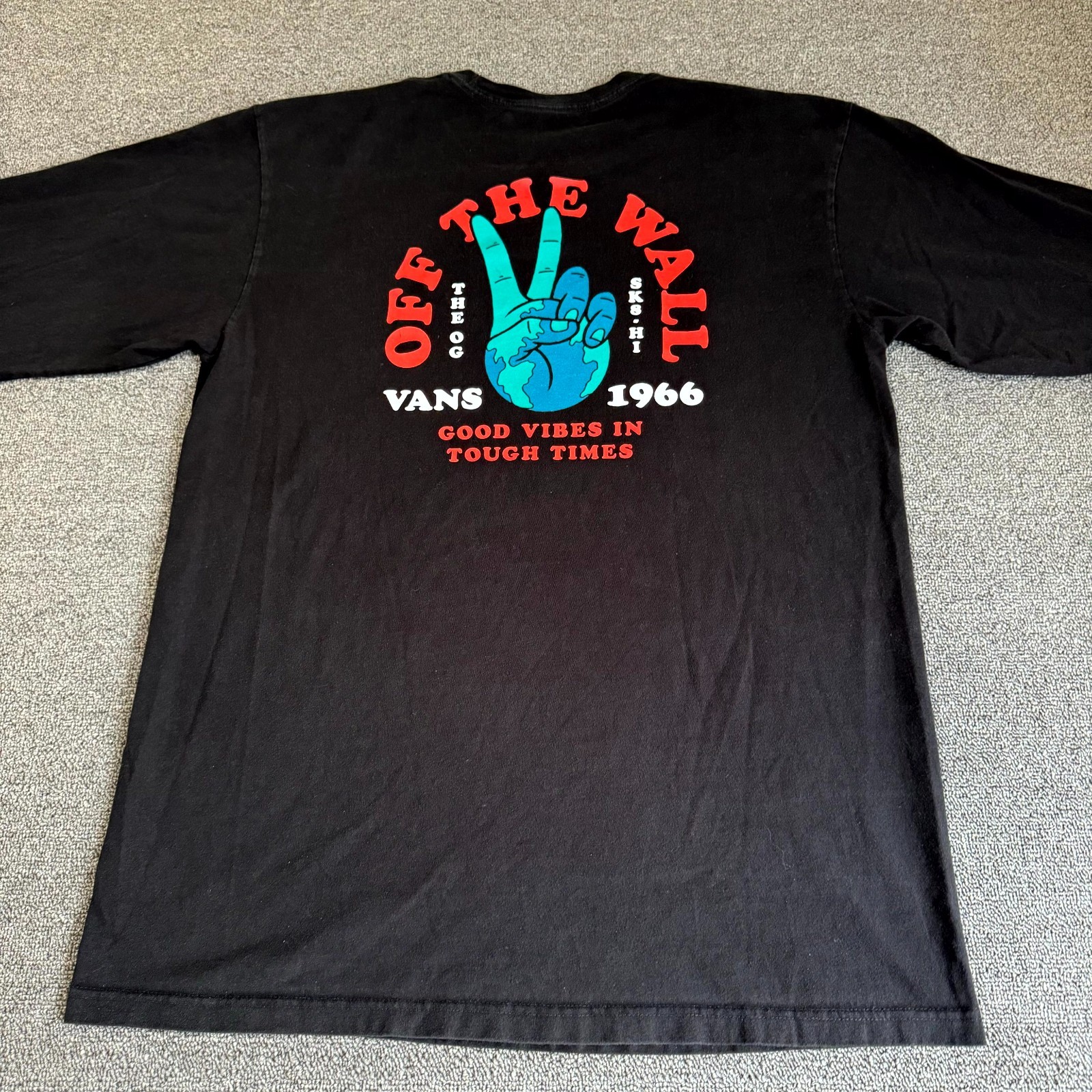 Vans Off The Wall Good Vibes In Tough Times T-Shirt Mens Large Black Graphic