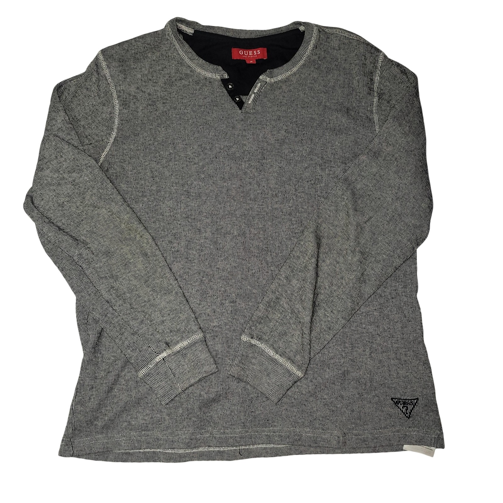 Guess Henley Shirt Mens Medium Gray Black Thermal Waffle Knit Long Sleeve FLAW