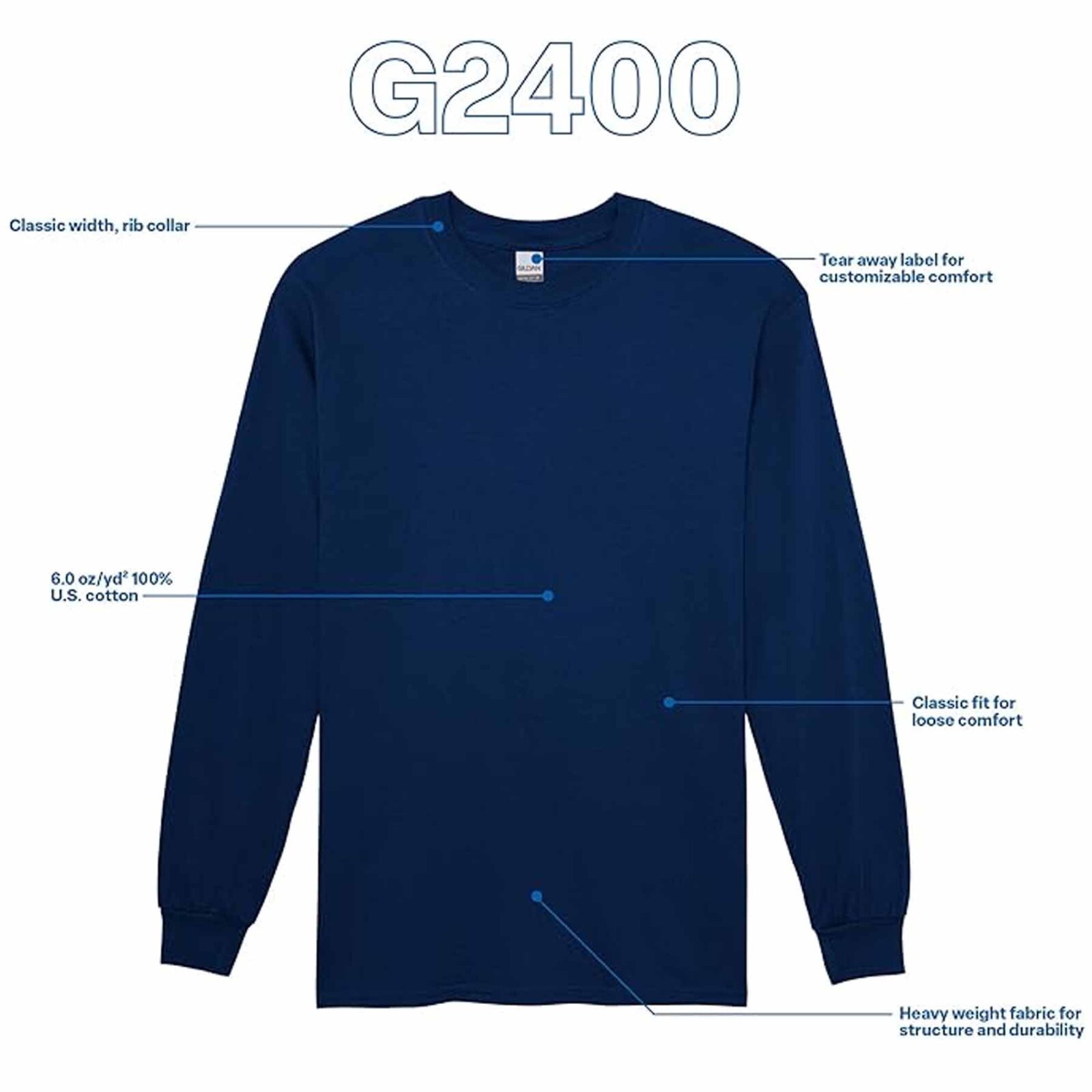 Gildan Unisex Men's 100% Cotton Long Sleeve T-Shirt G2400 L Large Navy 50 items gallery