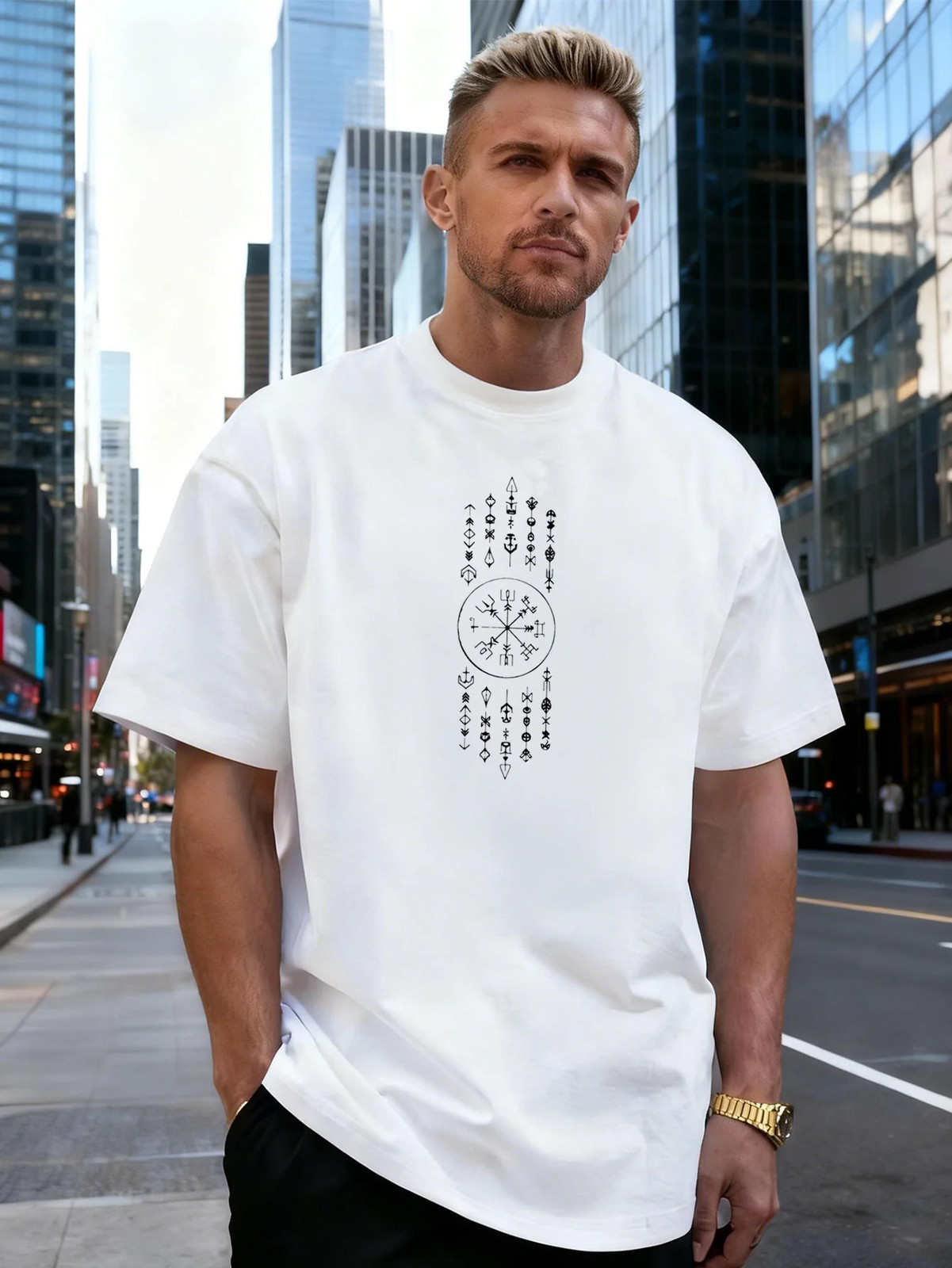 Geometric Symbol Pattern 100% Cotton Men’s T-Shirt,Suitable for Daily Streetwear