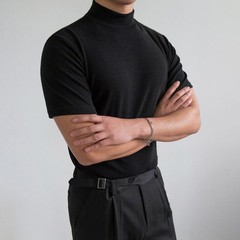 Polyester Spandex Men’s Tight Fit T Shirt Half High Neck Short Sleeve S-3XL