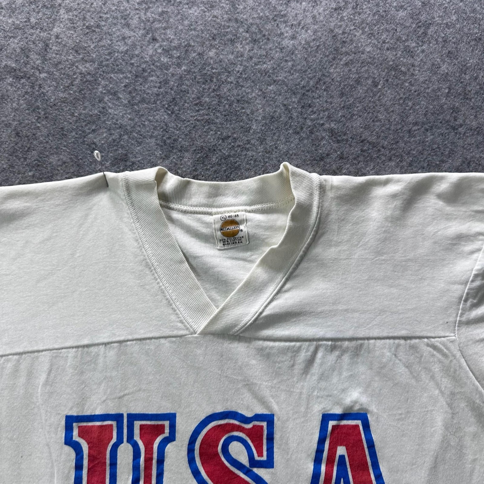 Vintage Medallion Shirt Mens XL White USA V-Neck 50/50 PolyCotton Graphic 90s gallery