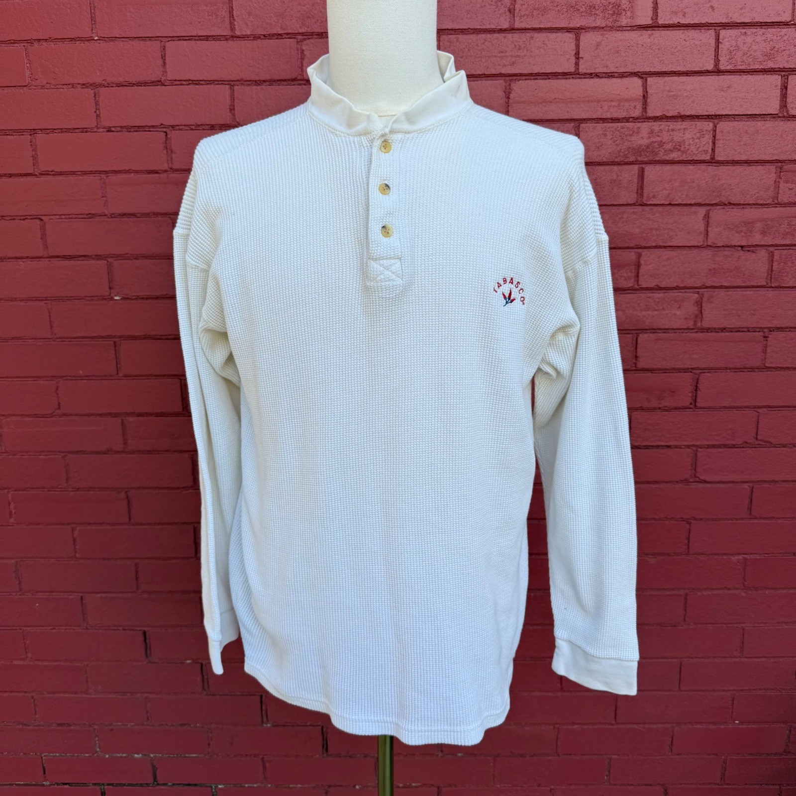 Tabasco Henley Thermal Shirt Mens Large Long Sleeve Waffle Knit Button Logo Top gallery