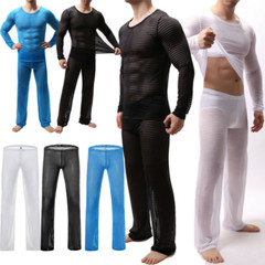Sexy Men See-through Mesh Tank Top Underwear T-Shirt Long Pants Men Clothes Sets