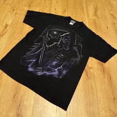 VTG ODM Y2K Grim Reaper Macabre Graphic Print Black L T Shirt Skull Dark Death